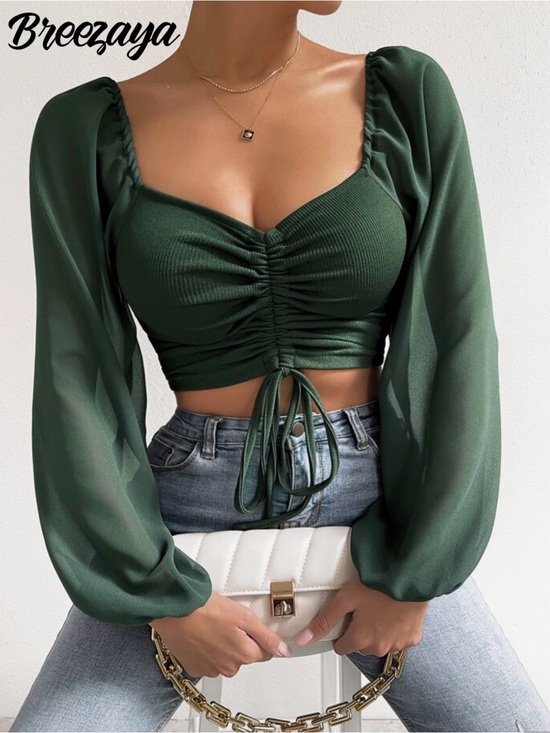 SHEIN Tops - SHEIN Dark Green Ruched Tie-Front Crop Top